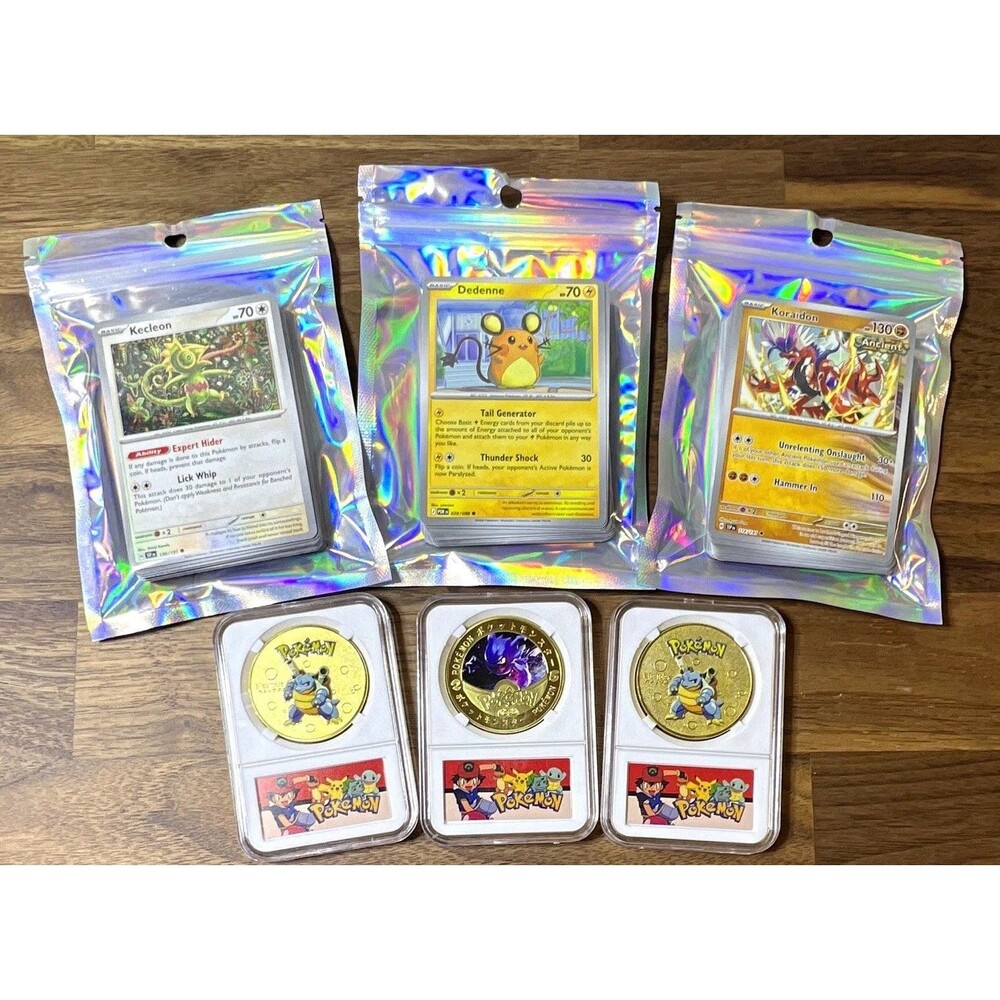 Pokémon TCG 3-Card Lot + 3 Coins/Tokens in Cases Kecleon Dedenne Koraidon